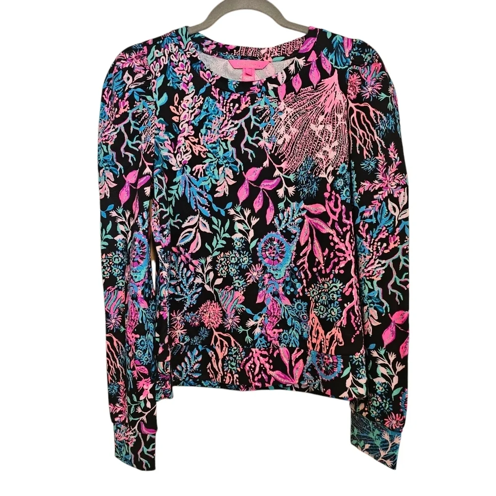 Lilly Pulitzer Jansen Tropical Neon Puff Sleeve Seahorse Top